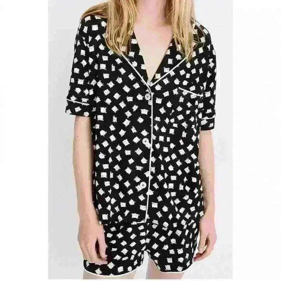 Madewell Pajama PJ Set Cat Print Pima Cotton Shorts Black White Novelty Medium - Picture 1 of 12